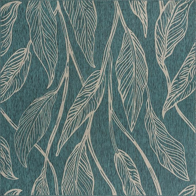 Unique Loom Outdoor Botanical Collection Area Rug - Leaf (13' Square, Teal/ Ivory)