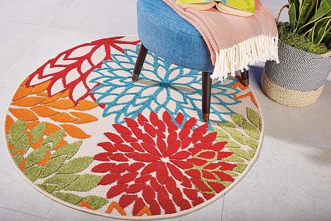 Nourison Home Aloha Indoor/Outdoor Green 5'3'' x Round Area-Rug, Tropical, Botanical, Easy-Cleaning, Non Shedding, Bed Room, Living Room, Dining Room, Deck, Backyard, Patio (5 Round)