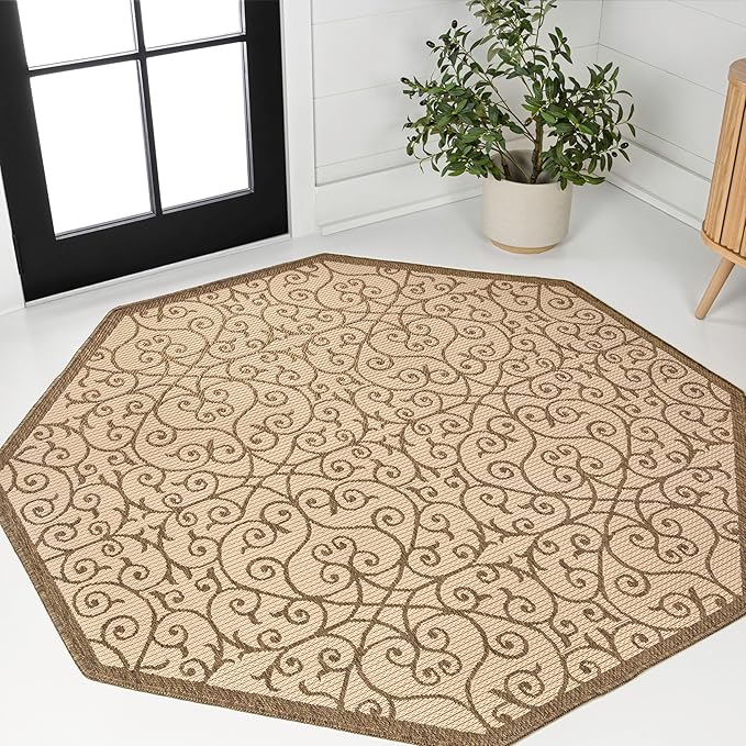 JONATHAN Y Vintage Filigree Indoor Outdoor Octagon Area Rug 5 Ft Beige/Brown, Madrid Textured Weave for Backyard, Patio, Porch, Easy-Cleaning, High Traffic, Pet-Friendly, Non-Shedding (SMB107B-5TGN)
