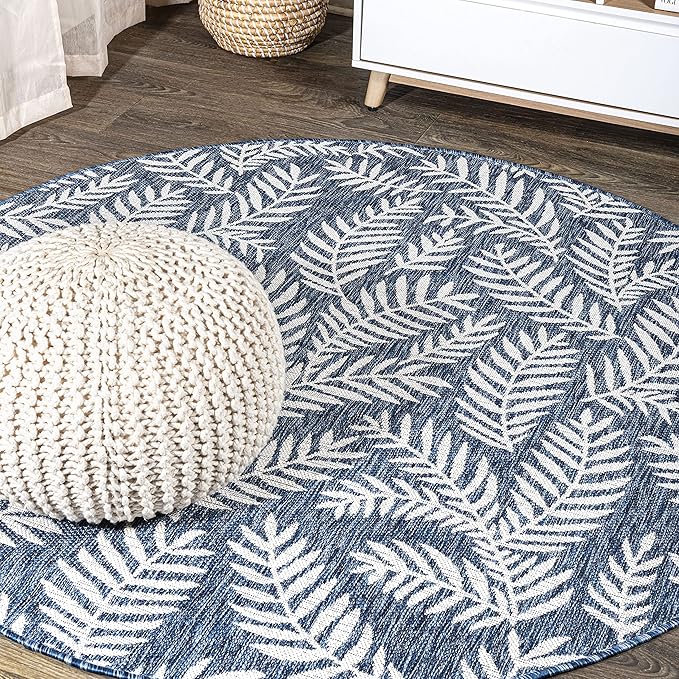 JONATHAN Y Palm Frond Indoor Outdoor Round Area Rug 8 Ft Navy/Ivory, Nevis for Backyard, Patio, Porch, Easy-Cleaning, High Traffic, Pet-Friendly, Non-Shedding (SMB119B-8R)