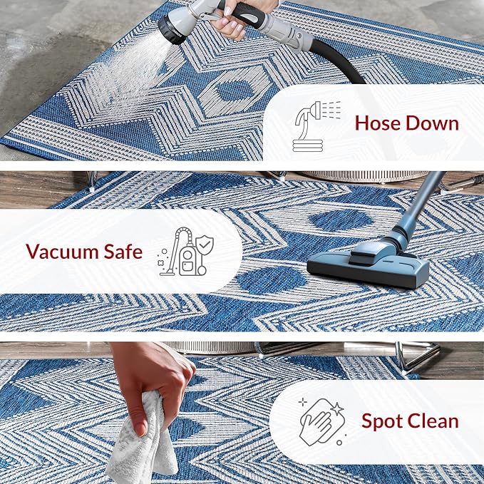 nuLOOM 3'6" x 5' Outdoor Tribal Geometric Area Rug, Stain Resistant, Weather Resistant, High Traffic, Patio, Balcony, Outside, Ranya Blue