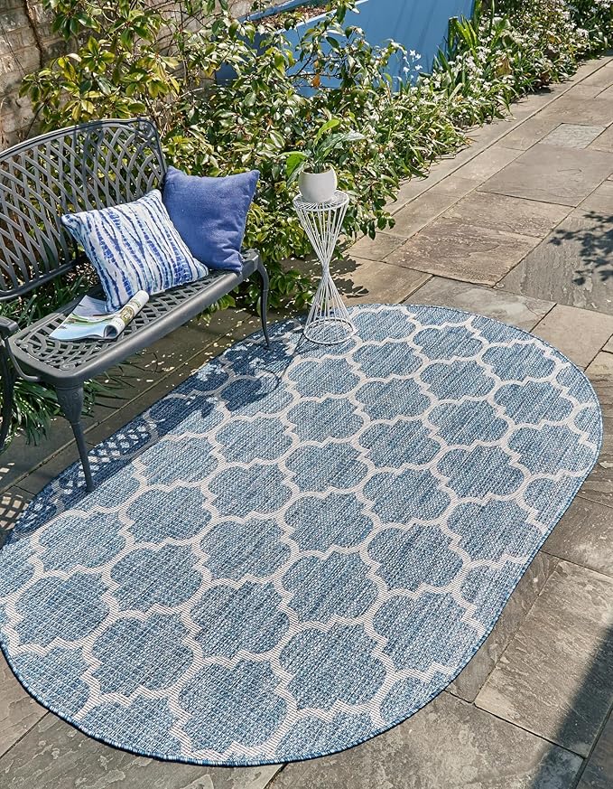 Unique Loom Trellis Collection Area Rug-Lattice Design, Moroccan Inspired for Indoor/Outdoor Décor, 5' 0" x 8' 0" Oval, Navy Blue/Gray