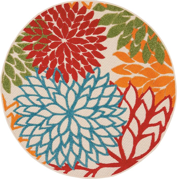 Nourison Home Aloha Indoor/Outdoor Green 5'3'' x Round Area-Rug, Tropical, Botanical, Easy-Cleaning, Non Shedding, Bed Room, Living Room, Dining Room, Deck, Backyard, Patio (5 Round)