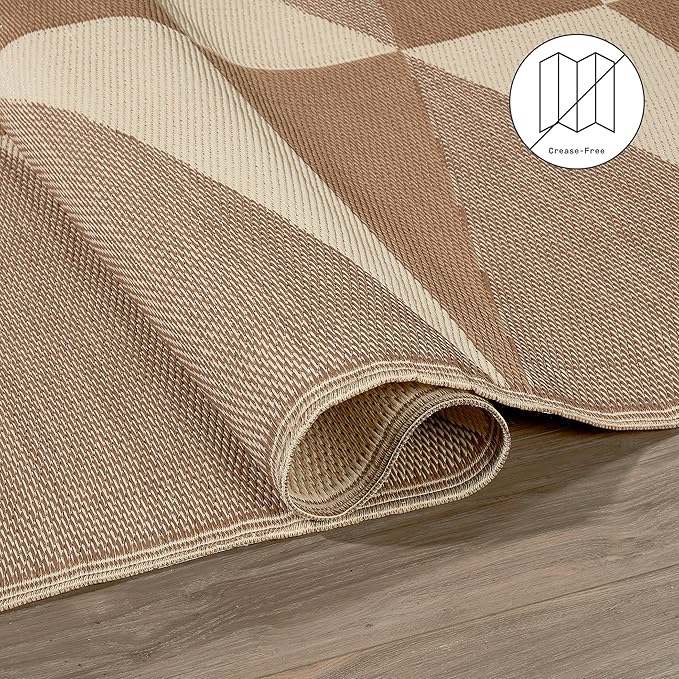 Fab Habitat Geometric Modern Minimalist Outdoor Rug - Waterproof, Crease-Free Fade Resistant, Reversible - Recycled Plastic - Patio Porch Balcony Deck Yard Garden - Tuscon Natural - 4x6 ft