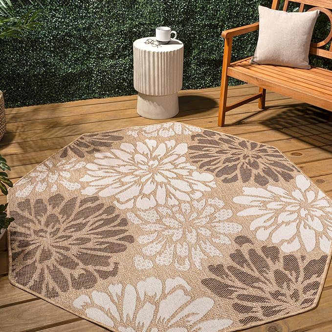 JONATHAN Y Floral Textured Weave Indoor Outdoor Octagon Area Rug 5 Ft Brown/Cream, Zinnia Modern for Backyard, Patio, Porch, Easy-Cleaning, High Traffic, Pet-Friendly, Non-Shedding (SMB110I-5TGN)