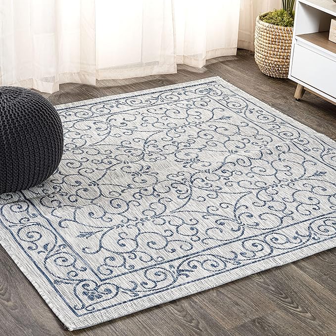 JONATHAN Y Vintage Filigree Indoor Outdoor Square Area Rug 5X5 Gray/Navy, Charleston Textured Weave for Backyard, Patio, Porch, Easy-Cleaning, High Traffic, Pet-Friendly, Non-Shedding (SMB106C-5SQ)