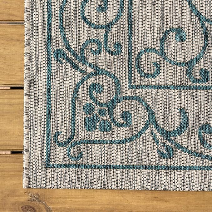 JONATHAN Y Vintage Filigree Indoor Outdoor Square Area Rug 6X6 Gray/Teal, Charleston Textured Weave for Backyard, Patio, Porch, Easy-Cleaning, High Traffic, Pet-Friendly, Non-Shedding (SMB106E-6SQ)