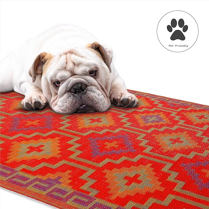 Fab Habitat Outdoor Rug - Waterproof, Fade Resistant, Crease-Free - Premium Recycled Plastic - Vintage Boho Kilim - Large Patio, Deck, Sunroom, Camping, RV - Lhasa - Orange & Violet - 6 x 9 ft