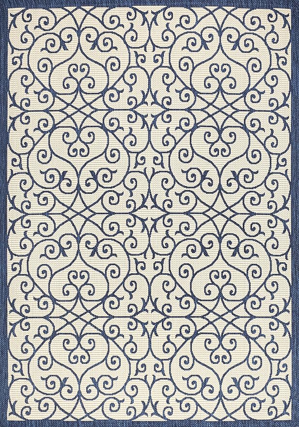 JONATHAN Y Vintage Filigree Indoor Outdoor Area Rug 5X8 Navy/Beige, Madrid Textured Weave for Backyard, Patio, Porch, Easy-Cleaning, High Traffic, Pet-Friendly, Non-Shedding (SMB107G-5)