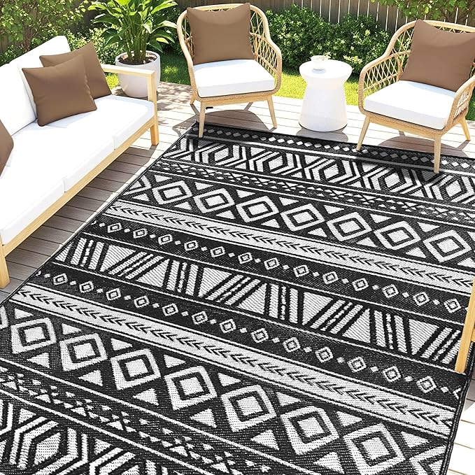 Utopia Home Waterproof Outdoor Rug for Patio 9 x 12 ft, Reversible Plastic Straw Mat for Camping, Picnics, Balcony, Patio, Aztec - Black & White