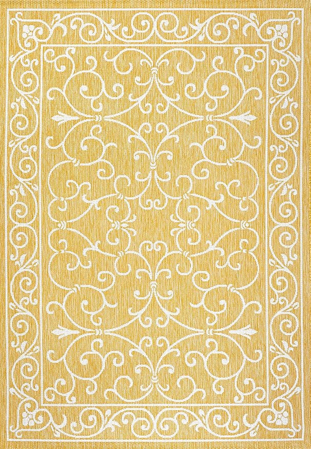JONATHAN Y Vintage Filigree Indoor Outdoor Area Rug 5X8 Yellow/Cream, Charleston Textured Weave for Backyard, Patio, Porch, Easy-Cleaning, High Traffic, Pet-Friendly, Non-Shedding (SMB106L-5)