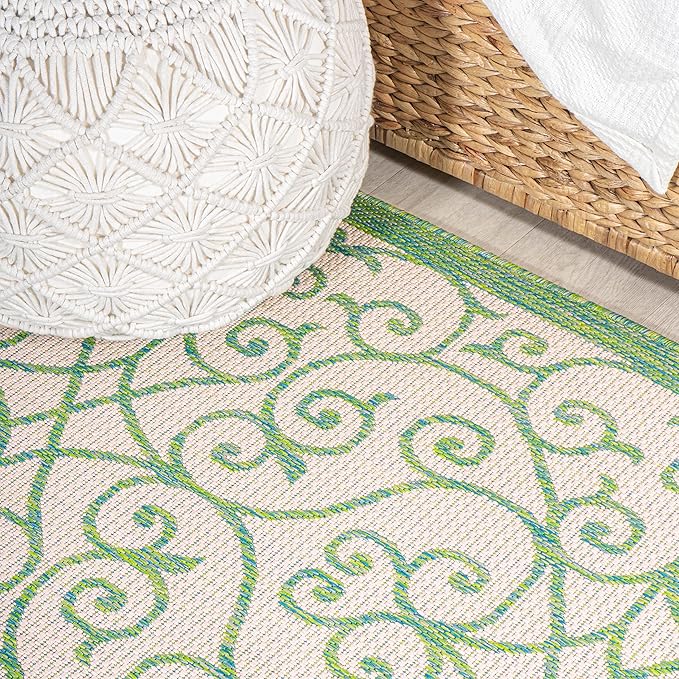 JONATHAN Y Vintage Filigree Indoor Outdoor Runner Rug 2X10 Cream/Green, Madrid Textured Weave for Backyard, Patio, Porch, Easy-Cleaning, High Traffic, Pet-Friendly, Non-Shedding (SMB107J-210)