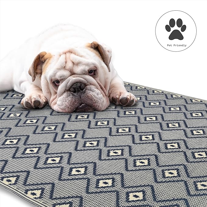Fab Habitat Outdoor Rug - Waterproof, Fade Resistant, Crease-Free - Premium Recycled Plastic - Boho Geometric Diamond - Patio, Deck, Porch, Balcony, Laundry Room - Rabat - Blue & Cream - 4 x 6 ft