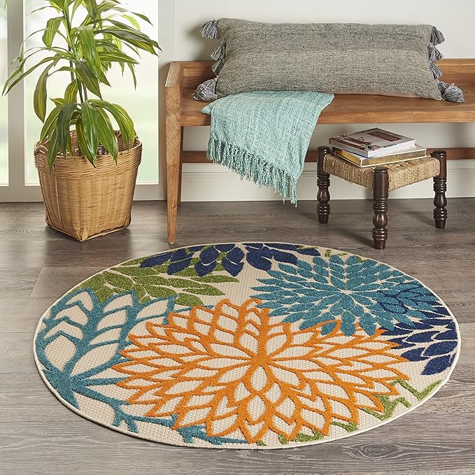 Nourison Home Aloha Indoor/Outdoor Multicolor 5'3'' x Round Area--Rug, Tropical, Botanical, Easy--Cleaning, Non Shedding, Bed Room, Living Room, Dining Room, Deck, Backyard, Patio (5 Round)