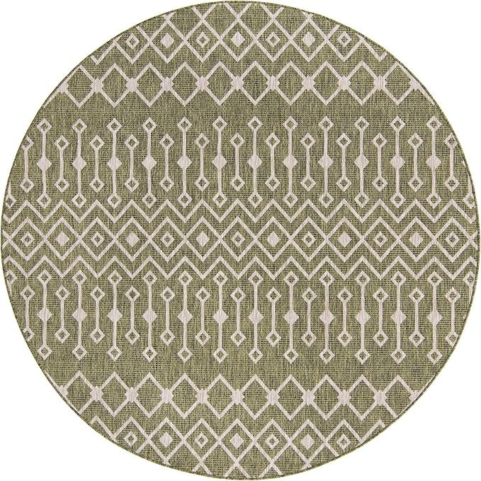 Unique Loom Outdoor Trellis Collection Area Rug - Tribal Trellis (10' 8" Round, Green/ Natural)