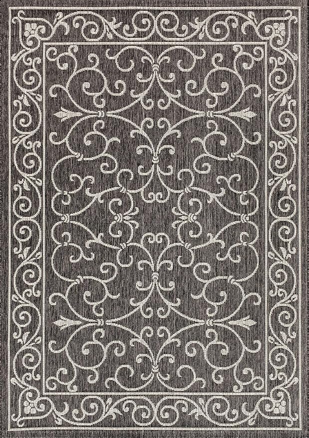 JONATHAN Y Vintage Filigree Indoor Outdoor Area Rug 4X6 Black/Gray, Charleston Textured Weave for Backyard, Patio, Porch, Easy-Cleaning, High Traffic, Pet-Friendly, Non-Shedding (SMB106G-4)