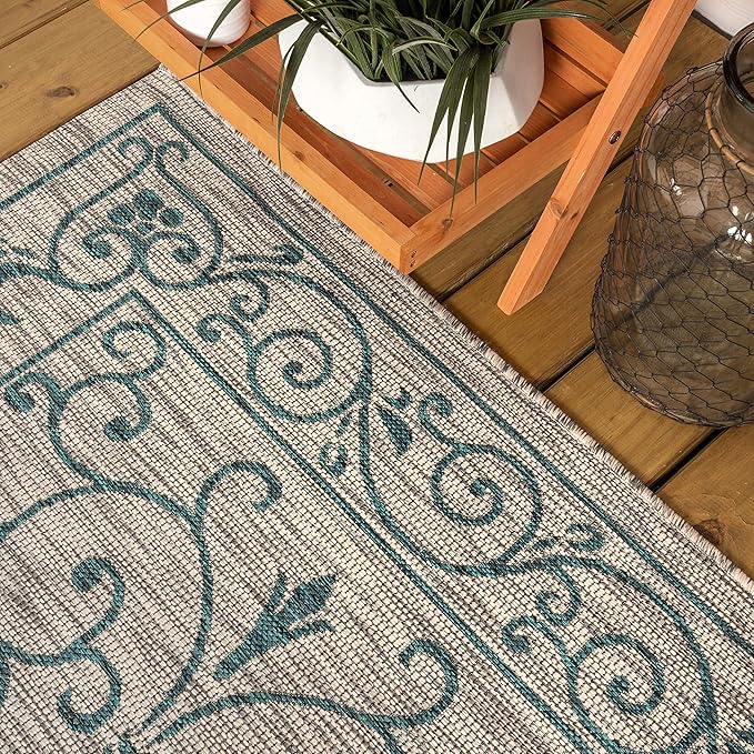 JONATHAN Y Vintage Filigree Indoor Outdoor Square Area Rug 5X5 Gray/Teal, Charleston Textured Weave for Backyard, Patio, Porch, Easy-Cleaning, High Traffic, Pet-Friendly, Non-Shedding (SMB106E-5SQ)