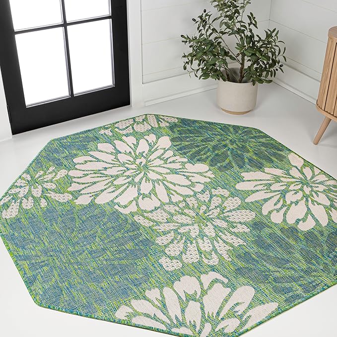 JONATHAN Y Floral Textured Weave Indoor Outdoor Octagon Area Rug 5 Ft Cream/Green, Zinnia Modern for Backyard, Patio, Porch, Easy-Cleaning, High Traffic, Pet-Friendly, Non-Shedding (SMB110D-5TGN)