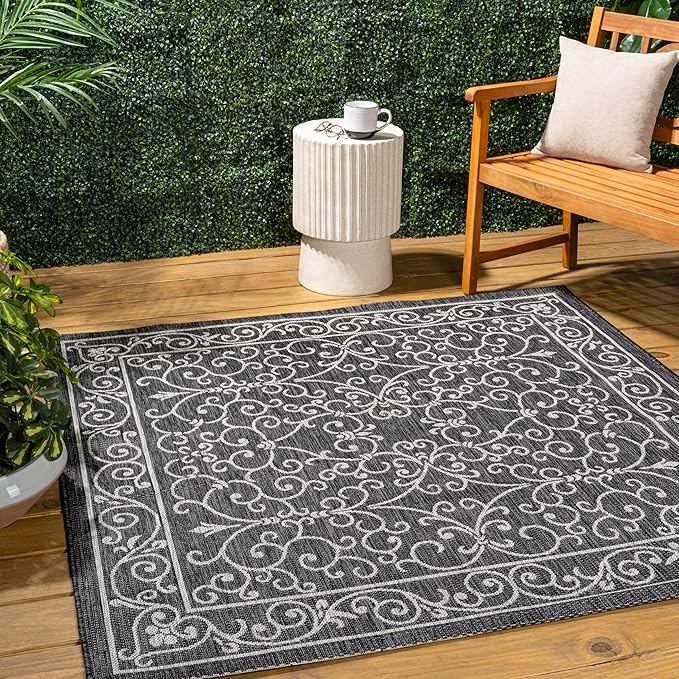 JONATHAN Y Vintage Filigree Indoor Outdoor Square Area Rug 8X8 Black/Gray, Charleston Textured Weave for Backyard, Patio, Porch, Easy-Cleaning, High Traffic, Pet-Friendly, Non-Shedding (SMB106G-8SQ)