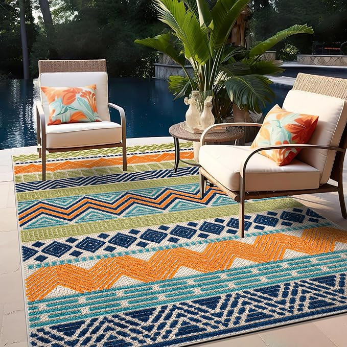 Rugshop Multi Marbella Boho Indoor/Outdoor Area Rug, Machine Washable for Patio, Balcony and Entry 4' x 6'