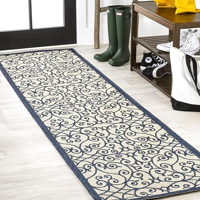 JONATHAN Y Vintage Filigree Indoor Outdoor Runner Rug 2X10 Navy/Beige, Madrid Textured Weave for Backyard, Patio, Porch, Easy-Cleaning, High Traffic, Pet-Friendly, Non-Shedding (SMB107G-210)