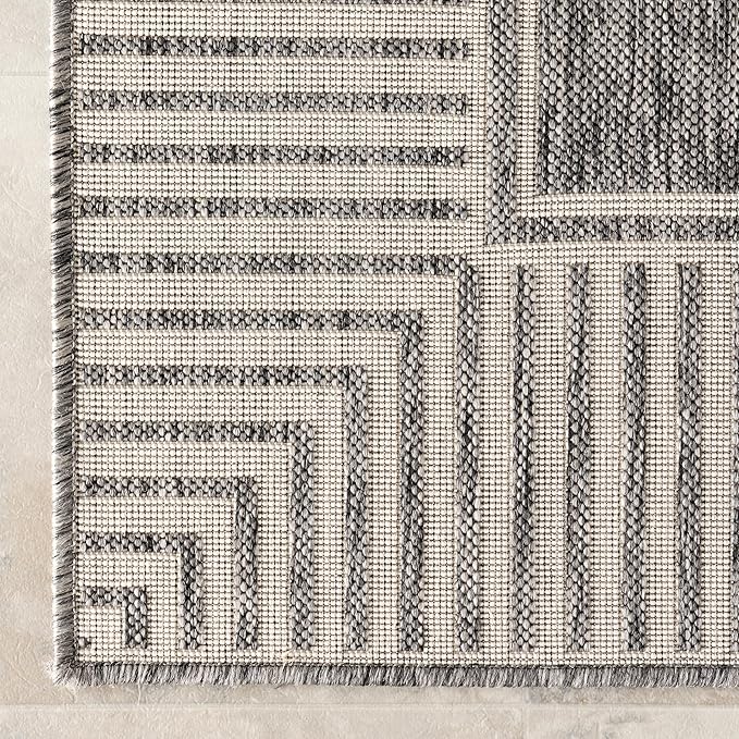 Nuloom Asha Grey/Ivory, 6'7" x 9', Casual, Striped Border, Soft and Cozy, High Traffic, Stain Resistant, Easy Clean, Durable Area Rug for Indoor/Outdoor Patio, Deck, Porch, Garden, Courtyard