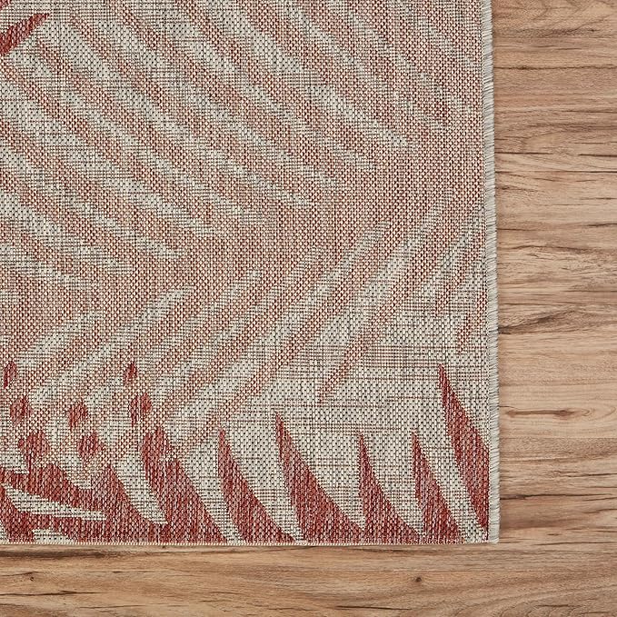 LR Home 8x10 Indoor/Outdoor Area Rug for Home Decor | Coastal Palm Leaf Large Size Carpet for Living Room, Bedroom, Playroom, Patio, Garden | Modern Farmhouse Rug | Red/Beige