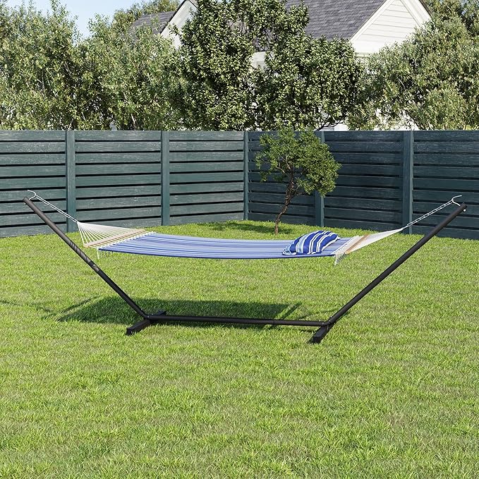 GarveeLife 57" 2 Person Outdoor Hammock, Widening Design Cotton Hammock with Metal Stand, Heavy Duty Construction, 450 LBS Weight Capacity, Blue