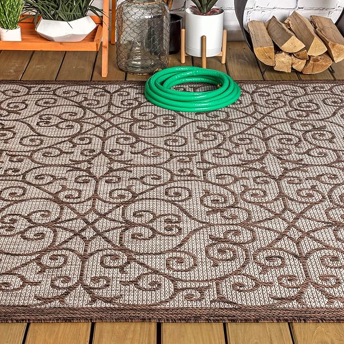 JONATHAN Y Vintage Filigree Indoor Outdoor Area Rug 4X6 Taupe/Espresso, Madrid Textured Weave for Backyard, Patio, Porch, Easy-Cleaning, High Traffic, Pet-Friendly, Non-Shedding (SMB107C-4)
