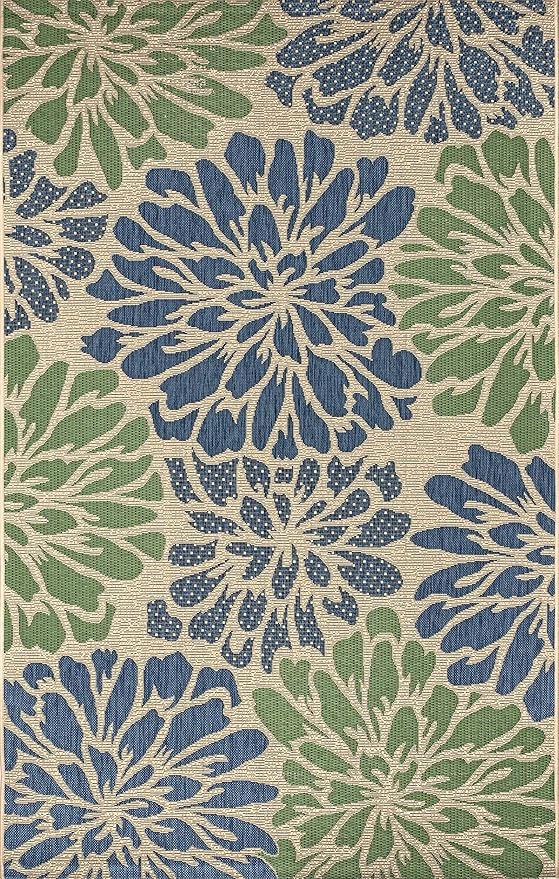 JONATHAN Y Floral Textured Weave Indoor Outdoor Area Rug 9X12 Navy/Green, Zinnia Modern for Backyard, Patio, Porch, Easy-Cleaning, High Traffic, Pet-Friendly, Non-Shedding (SMB110B-9)