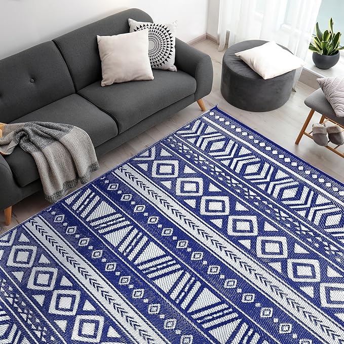 Utopia Home Waterproof Outdoor Rug for Patio 9 x 12 ft, Reversible Plastic Straw Mat for Camping, Picnics, Balcony, Patio, Aztec - Navy & White