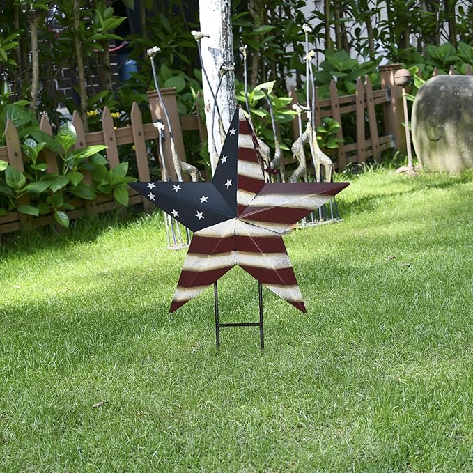 4th of July Metal Yard Sign set of 5, Patriotic Barn Star Hanging Ornament with Stake American Flag USA Letter Garden Lawn Sign Independence Day Memorial Day Outdoor Decorations