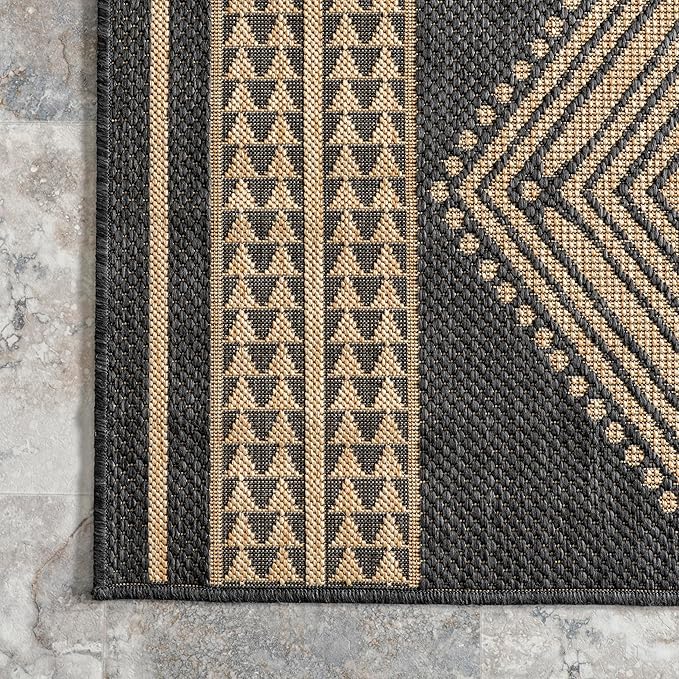 nuLOOM 4' x 6' Outdoor Tribal Geometric Area Rug, Stain Resistant, Weather Resistant, High Traffic, Patio, Balcony, Outside, Ranya Dark Grey