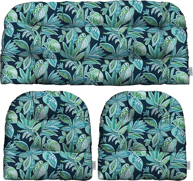 RSH DECOR: 3-Piece Wicker Tufted Cushion Set | for Large Wicker Sets | Outdoor Loveseat & U-Shaped Seat Cushions | Water & Fade-Resistant Spun Fabric | Crestwood Marine - Made in USA
