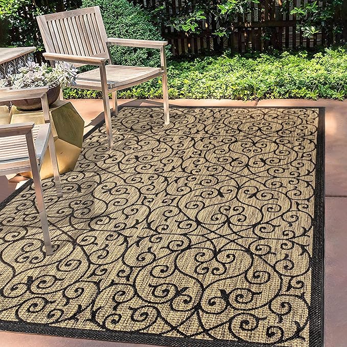 JONATHAN Y Vintage Filigree Indoor Outdoor Area Rug 9X12 Black/Khaki, Madrid Textured Weave for Backyard, Patio, Porch, Easy-Cleaning, High Traffic, Pet-Friendly, Non-Shedding (SMB107A-9)