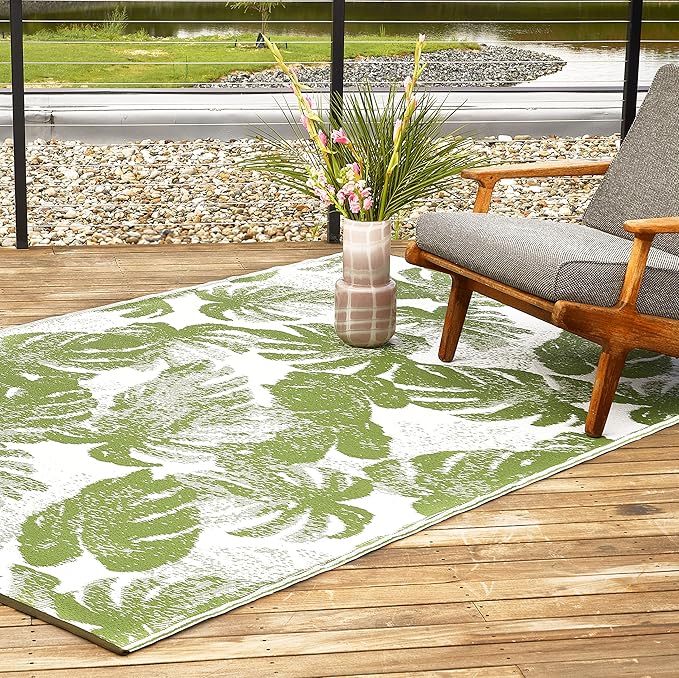 Fab Habitat Outdoor Rug - Waterproof, Fade Resistant, Crease-Free - Premium Recycled Plastic - Tropical Palm Leaf Botanical - Patio, Porch, Deck, Balcony - Panama - Green - 5 x 8 ft