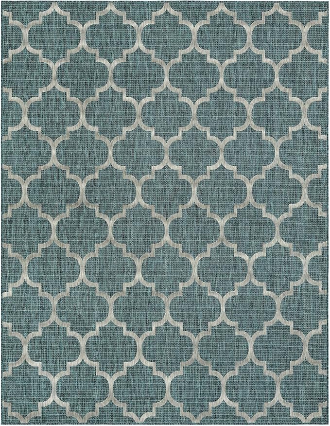 Unique Loom Outdoor Trellis Collection Area Rug (7' 10" x 10' Rectangle Teal/Gray)