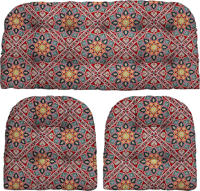 RSH DECOR: 3-Piece Wicker Tufted Cushion Set | for Large Wicker Sets | Outdoor Loveseat & U-Shaped Seat Cushions | Water & Fade-Resistant Spun Fabric | Medlo Sonoma