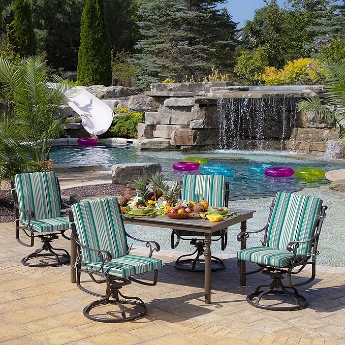 Arden 2-Pack Outdoor Patio Dining Chair Cushion, 20x44, Rain-Proof Seat Pad, Fade-Resistant Outdoor Cushion Teal Cobalt Stripe