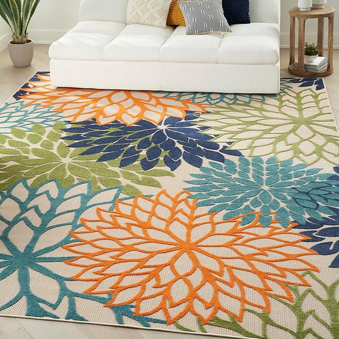 Nourison Home Aloha Indoor/Outdoor Multicolor 10' x 14' Area Rug, Tropical, Botanical, Easy Cleaning, Non Shedding, Bed Room, Living Room, Dining Room, Deck, Backyard, Patio (10x14)