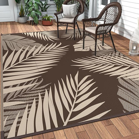 GENIMO Outdoor Rug 6' x 9' Waterproof for Patios Clearance, Reversible Outdoor Plastic Straw Camping Rug Carpet, Large Area Rugs Mats for RV, Camper, Deck, Balcony, Porch, Beach, Picnic, Coffee&Beige