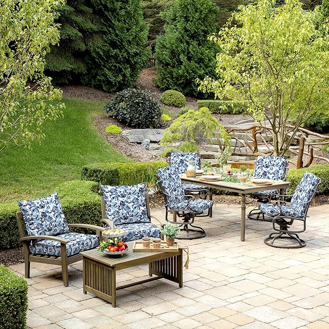 Arden 2-Pack Outdoor Patio Dining Chair Cushion, 20x44, Rain-Proof Seat Pad, Fade-Resistant Outdoor Cushion Blue Garden Floral