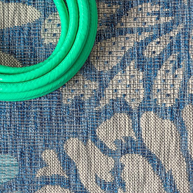 JONATHAN Y Floral Textured Weave Indoor Outdoor Runner Rug 2X8 Navy/Aqua, Zinnia Modern for Backyard, Patio, Porch, Easy-Cleaning, High Traffic, Pet-Friendly, Non-Shedding (SMB110C-28)