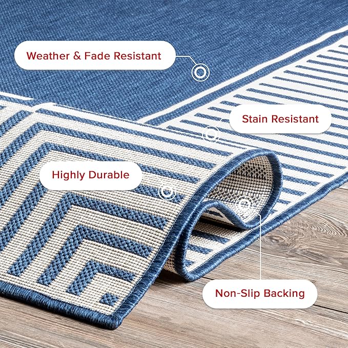 Nuloom Asha Navy/Ivory, 2' x 3', Casual, Striped Border, Soft and Cozy, High Traffic, Stain Resistant, Easy Clean, Durable Area Rug for Indoor/Outdoor Patio, Deck, Porch, Garden, Courtyard