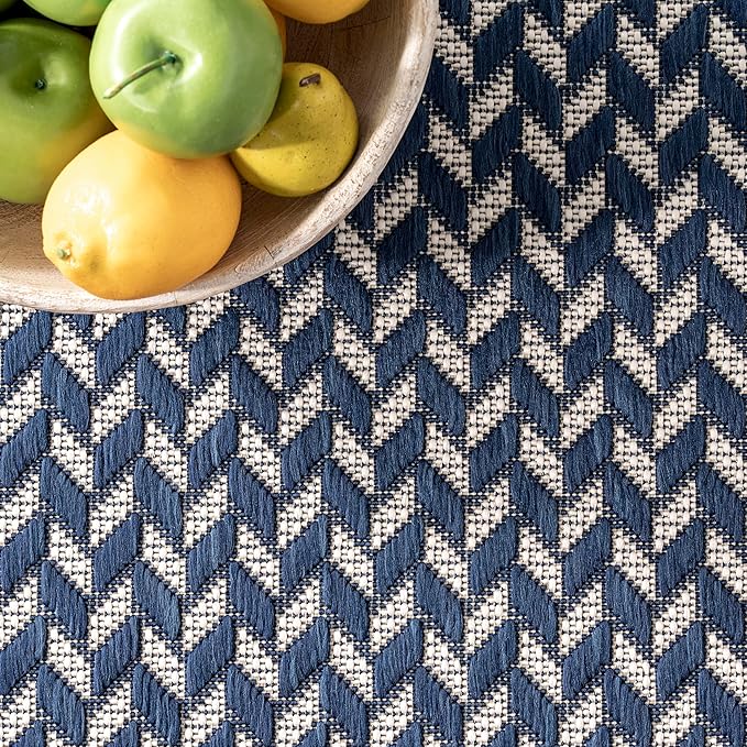 Nuloom Outdoor Performance Camryn Navy/Ivory, 6'7" Square, Herringbone, Soft, High Traffic, Stain Resistant, Easy Clean, Durable Area Rug for Indoor/Outdoor Patio, Deck, Porch, Garden, Courtyard