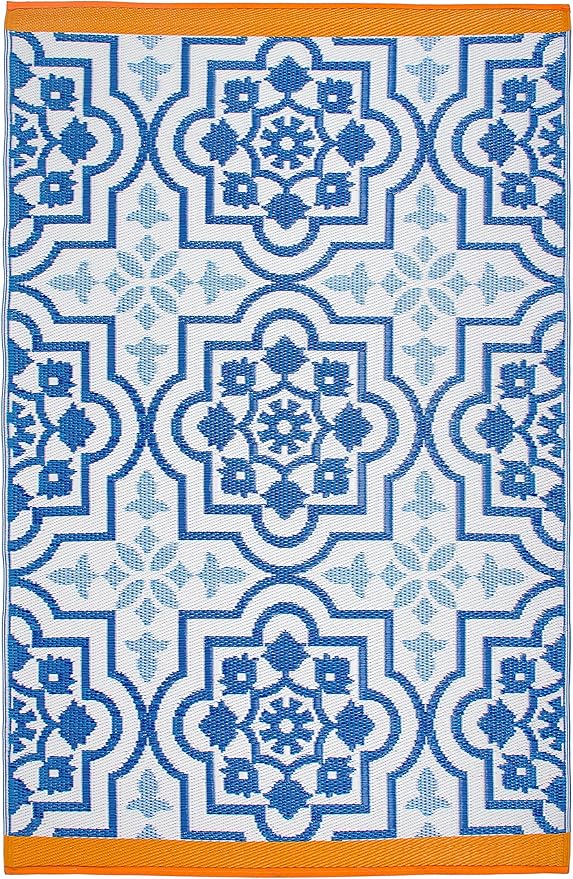 Fab Habitat Outdoor Rug - Waterproof, Fade Resistant, Crease-Free - Premium Recycled Plastic - Spanish Tile Farmhouse - Patio, Deck, Porch, Balcony, Laundry Room - Puebla - Blue - 4 x 6 ft