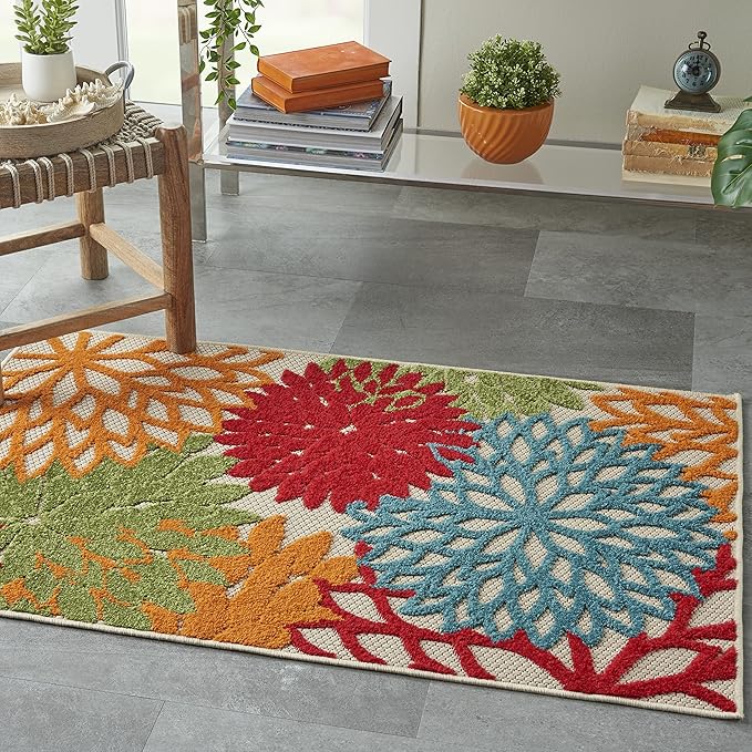 Nourison Home Aloha Indoor/Outdoor Green 3' x 5' Area Rug, Tropical, Botanical, Easy Cleaning, Non Shedding, Bed Room, Living Room, Dining Room, Deck, Backyard, Patio (3x5)