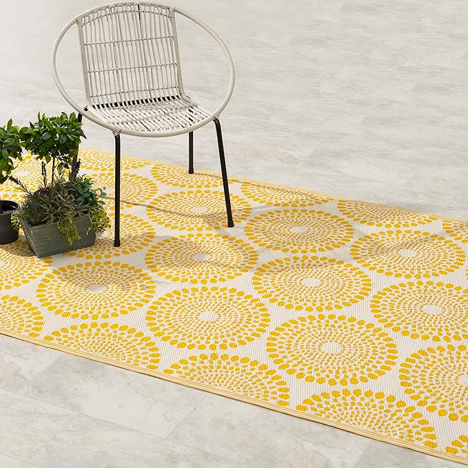 Fab Habitat Outdoor Rug - Waterproof, Fade Resistant, Crease-Free - Premium Recycled Plastic - Floral Medallion - Porch, Deck, Balcony, Mudroom, Laundry Room, Patio - Rio - Yellow - 3 x 5 ft