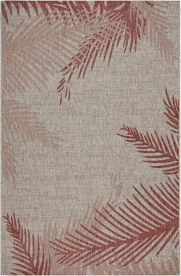 LR Home 5x7 Indoor/Outdoor Area Rug for Home Decor | Coastal Palm Leaf Carpet for Living Room, Bedroom, Playroom, Patio, Garden | Modern Farmhouse Rug | Red/Beige