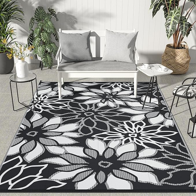 GENIMO Outdoor Rug Waterproof for Patio Decor, 5' x 8' Reversible Plastic Straw Floral Camping Carpet, Large Area Rug Mat for RV, Camper, Deck, Balcony, Porch, Beach, Picnic, Black & White